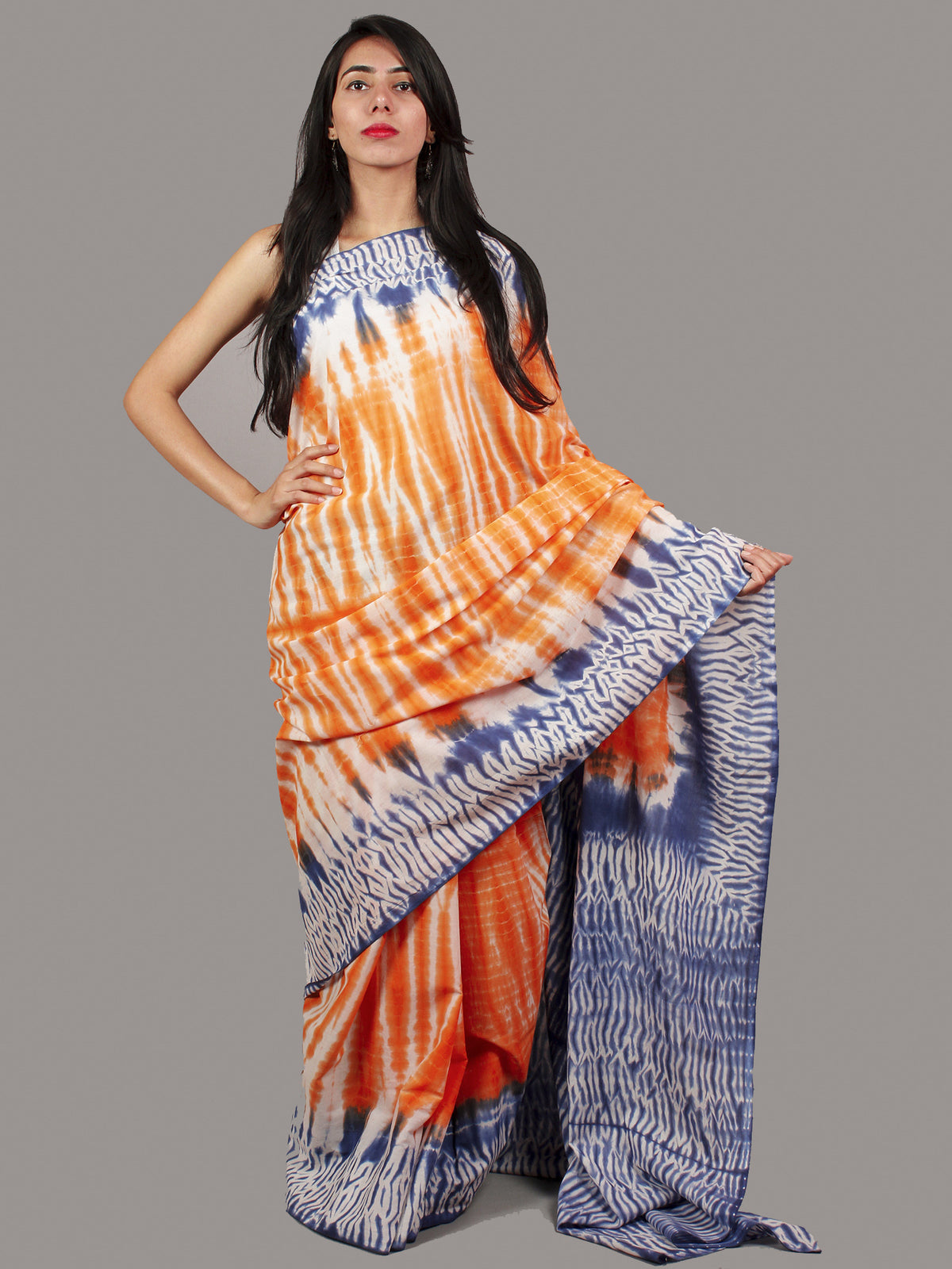 Orange Indigo Ivory Hand Shibori Dyed Cotton Saree - S031701380