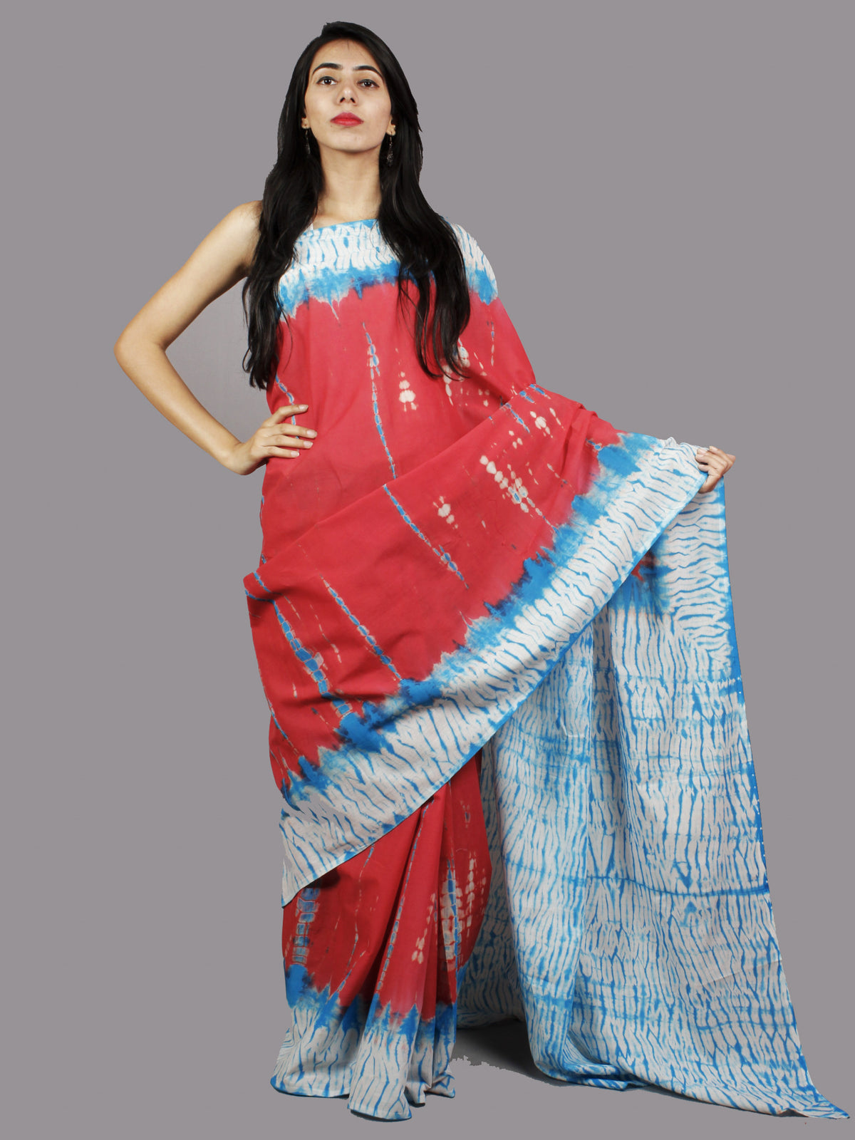 Red Cerulean Blue Ivory Hand Shibori Dyed Cotton Saree - S031701382