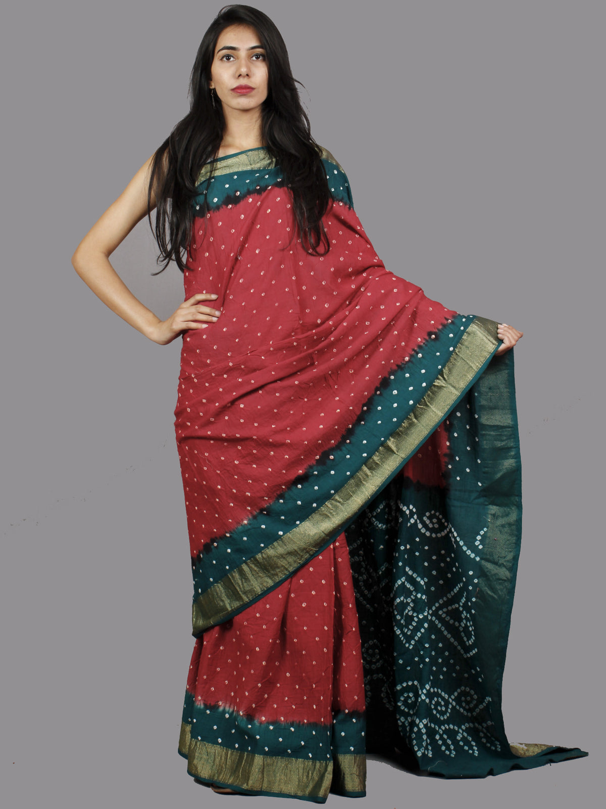 Maroon Peacock Green White Hand Tie & Dye Bandhej Glace Cotton Saree With Resham Border - S031701384