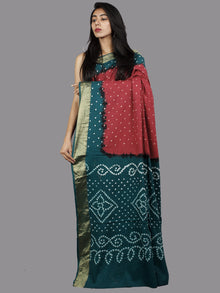 Maroon Peacock Green White Hand Tie & Dye Bandhej Glace Cotton Saree With Resham Border - S031701384