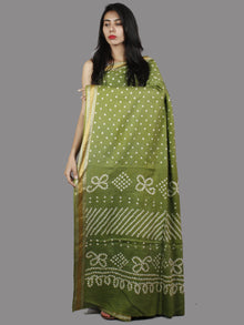 Olive Green White Hand Tie & Dye Bandhej Glace Cotton Saree With Resham Border - S031701386