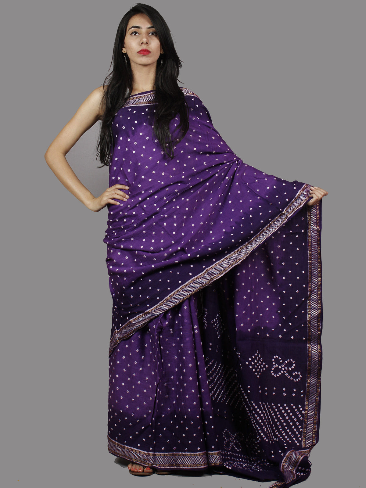 Purple White Hand Tie & Dye Bandhej Glace Cotton Saree With Resham Border - S031701387