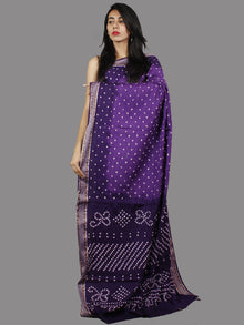 Purple White Hand Tie & Dye Bandhej Glace Cotton Saree With Resham Border - S031701387