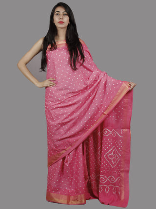 Baby Pink White Hand Tie & Dye Bandhej Glace Cotton Saree With Resham Border - S031701390