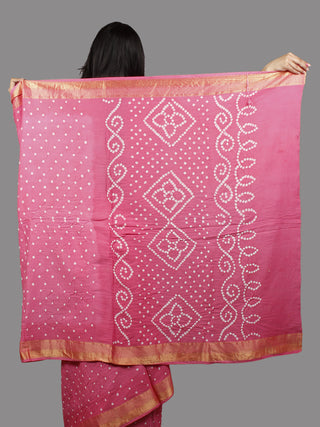Baby Pink White Hand Tie & Dye Bandhej Glace Cotton Saree With Resham Border - S031701390