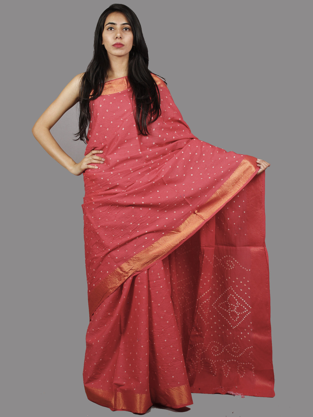 Peach White Hand Tie & Dye Bandhej Glace Cotton Saree With Resham Border - S031701391