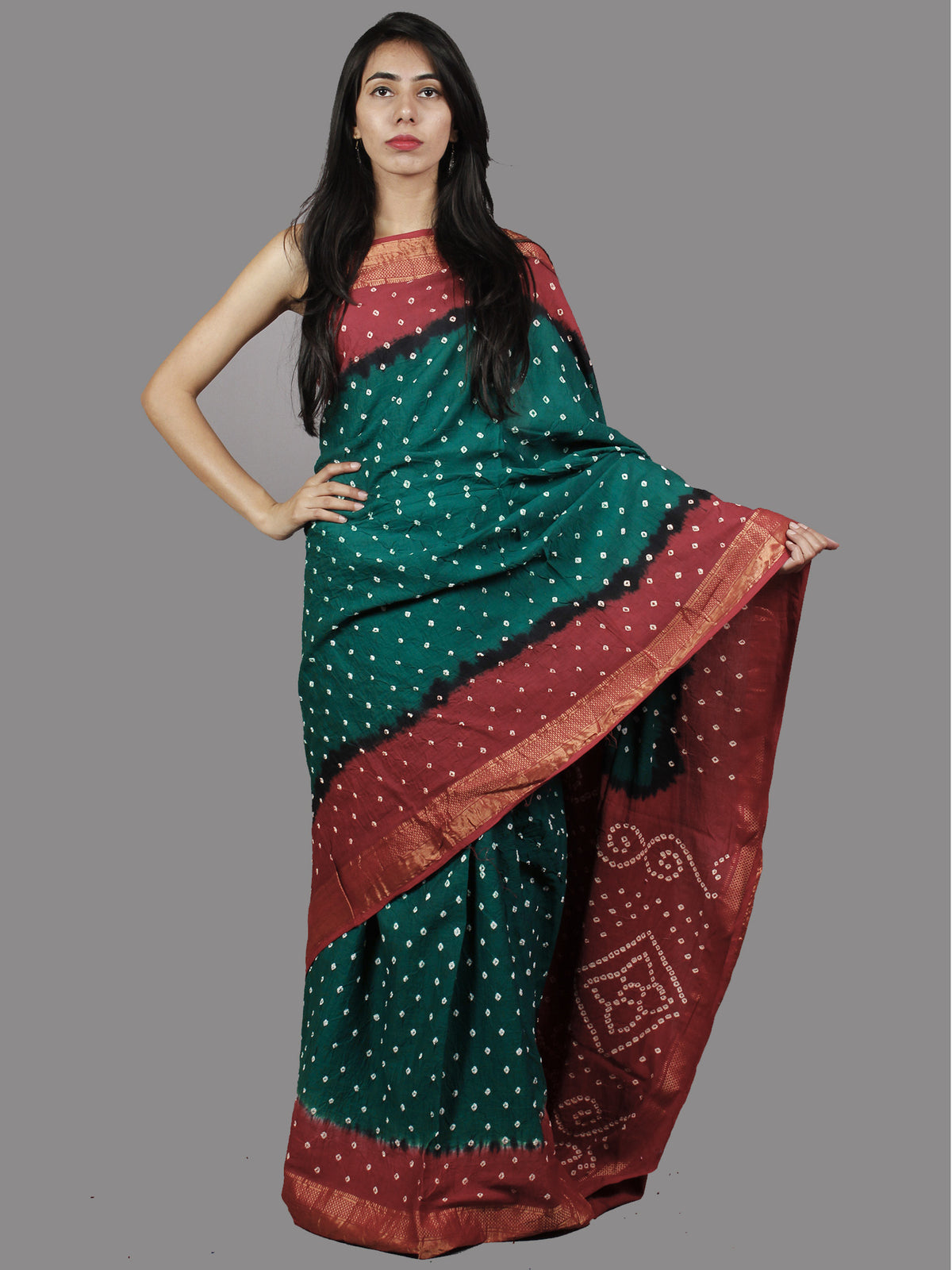 Peacock Green Maroon White Hand Tie & Dye Bandhej Glace Cotton Saree With Resham Border - S031701393