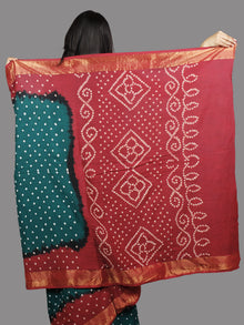Peacock Green Maroon White Hand Tie & Dye Bandhej Glace Cotton Saree With Resham Border - S031701393