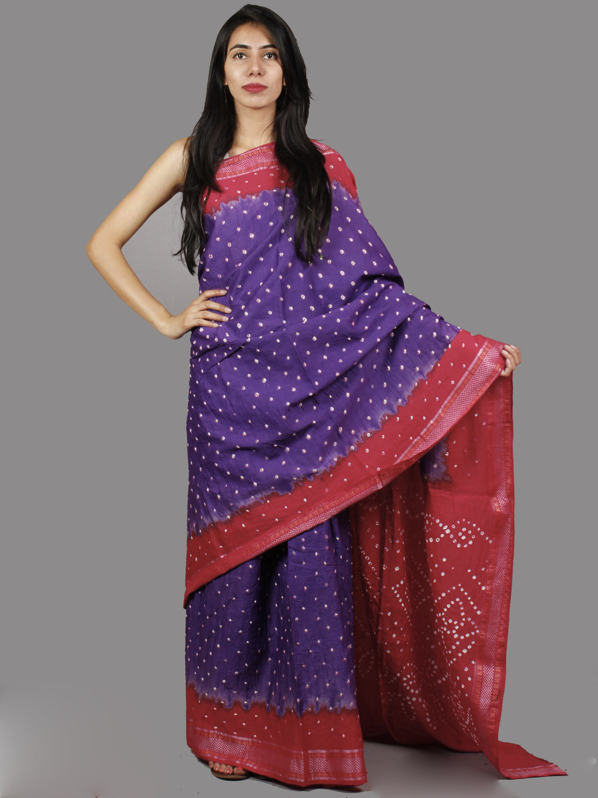 Purple Deep Pink White Hand Tie & Dye Bandhej Glace Cotton Saree With Resham Border - S031701394
