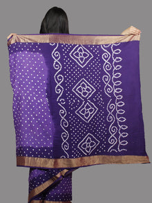 Purple White Hand Tie & Dye Bandhej Glace Cotton Saree With Resham Border - S031701395