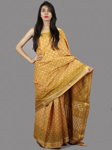Mustard Yellow White Hand Tie & Dye Bandhej Glace Cotton Saree With Resham Border - S031701396