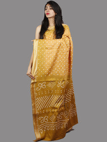 Mustard Yellow White Hand Tie & Dye Bandhej Glace Cotton Saree With Resham Border - S031701396