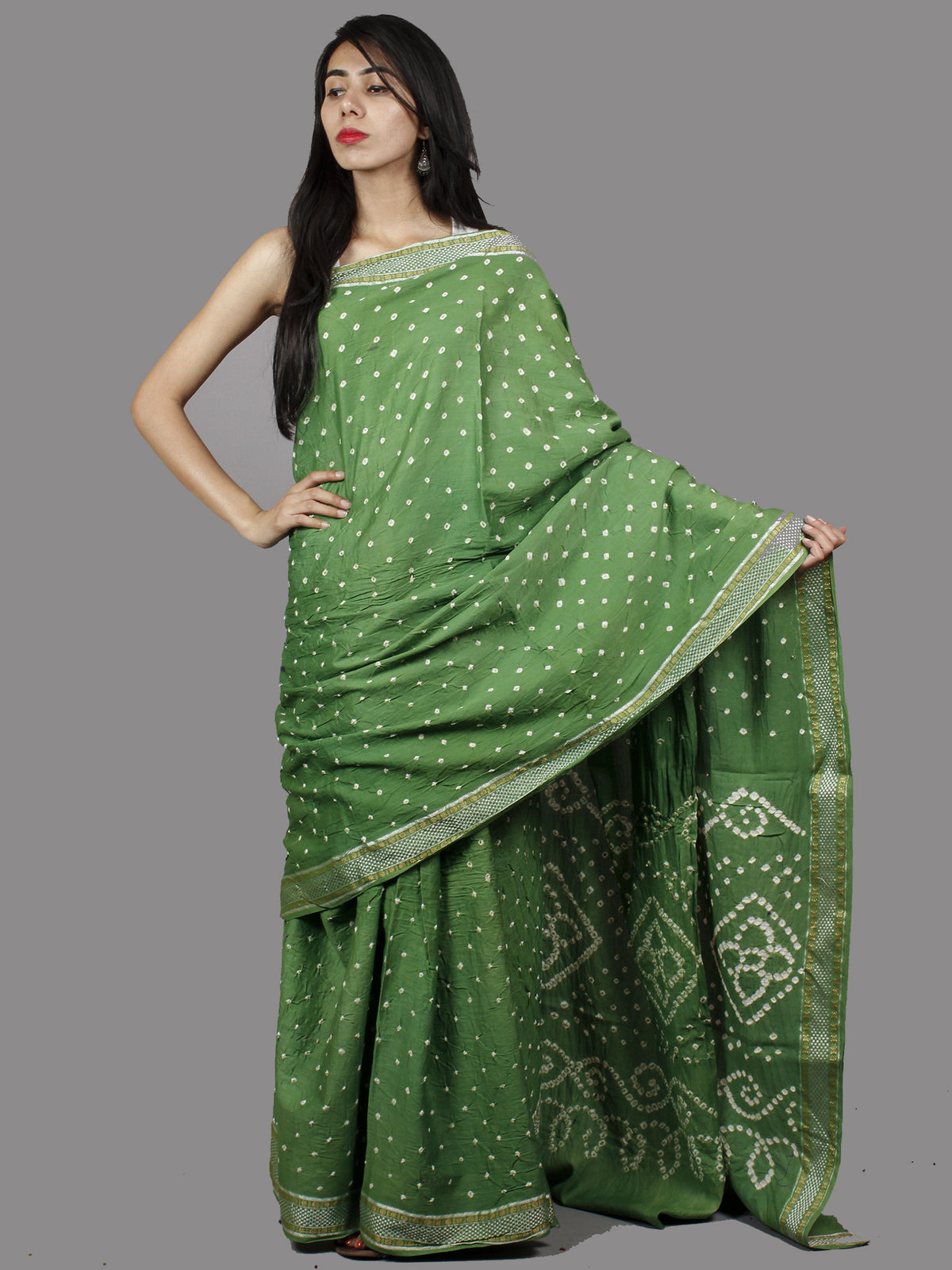 Sage Green White Hand Tie & Dye Bandhej Glace Cotton Saree With Resham Border - S031701397