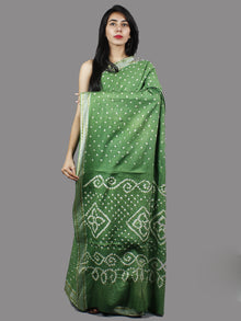 Sage Green White Hand Tie & Dye Bandhej Glace Cotton Saree With Resham Border - S031701397