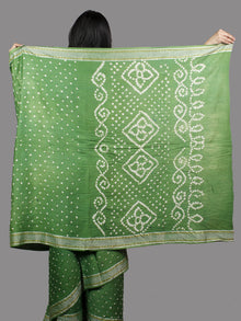 Sage Green White Hand Tie & Dye Bandhej Glace Cotton Saree With Resham Border - S031701397