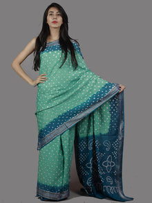 Teal & Aegean Blue White Hand Tie & Dye Bandhej Glace Cotton Saree With Resham Border - S031701398