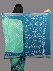 Teal & Aegean Blue White Hand Tie & Dye Bandhej Glace Cotton Saree With Resham Border - S031701398