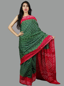 Red and Dark Green Hand Tie & Dye Bandhej Glace Cotton Saree With Resham Border - S031701399