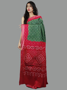 Red and Dark Green Hand Tie & Dye Bandhej Glace Cotton Saree With Resham Border - S031701399