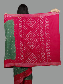 Red and Dark Green Hand Tie & Dye Bandhej Glace Cotton Saree With Resham Border - S031701399