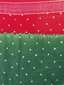 Red and Dark Green Hand Tie & Dye Bandhej Glace Cotton Saree With Resham Border - S031701399