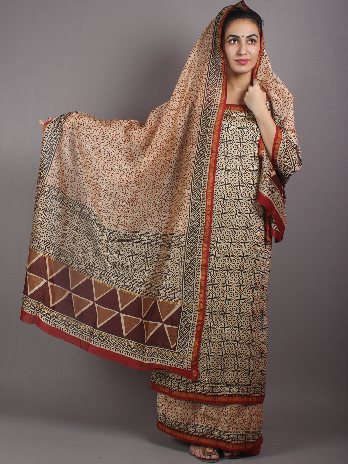 Red Beige Black Brown Hand Block Printed Chanderi Kurta-Salwar Fabric With Chanderi Dupatta - S1628028