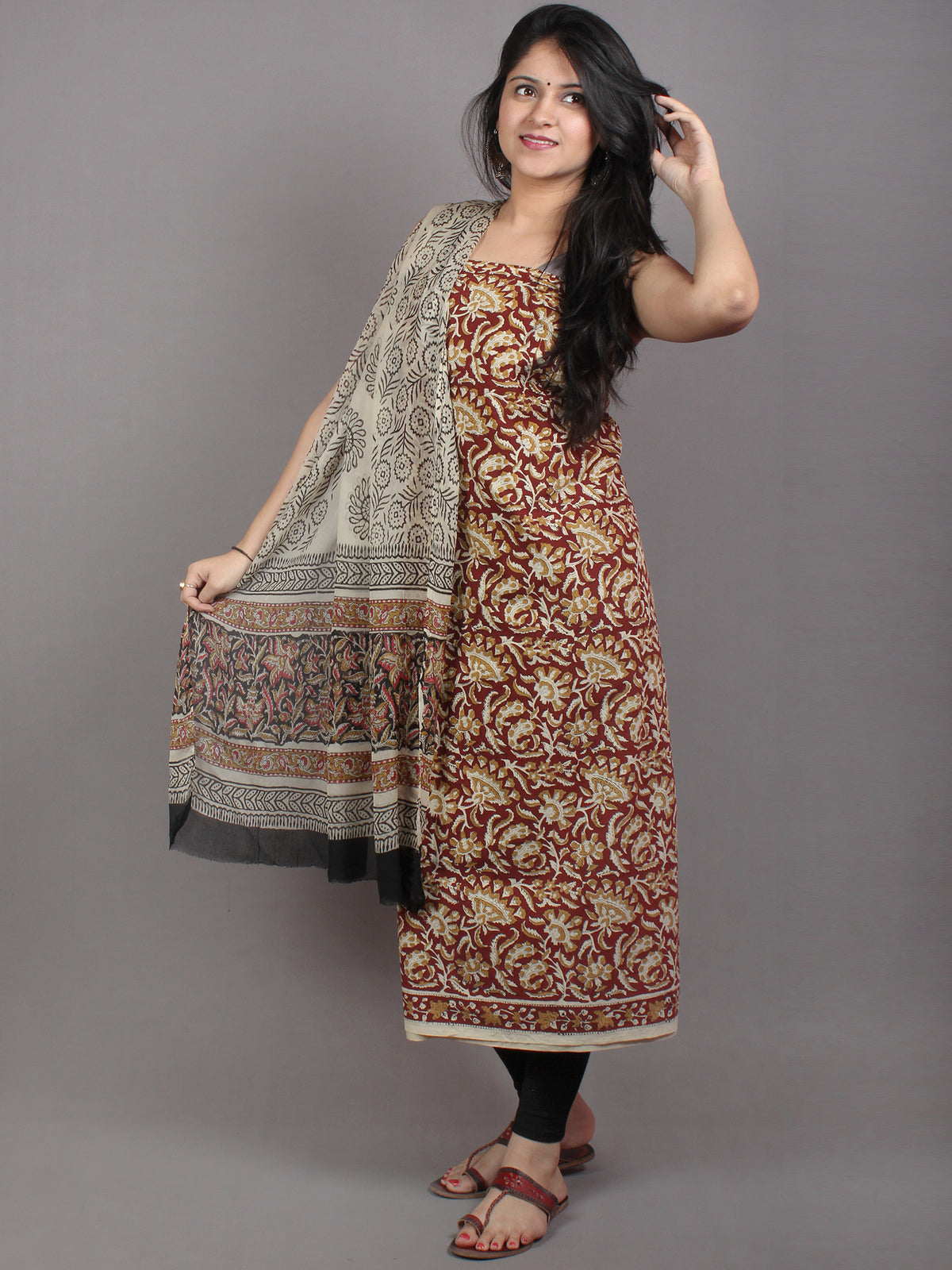Maroon White Brown Hand Block Printed Cotton Suit-Salwar Fabric With Chiffon Dupatta - S1628054