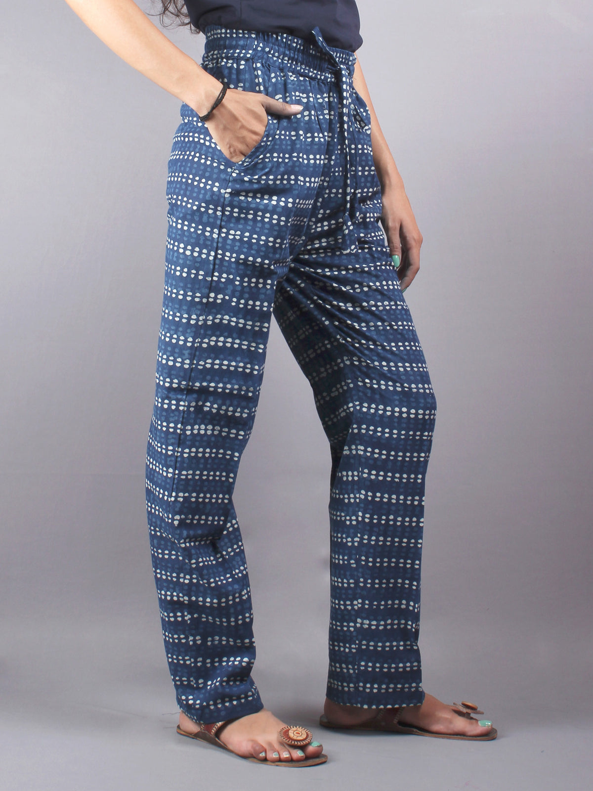 Indigo Hand Block Printed Elasticated Waist Trousers- T0317014