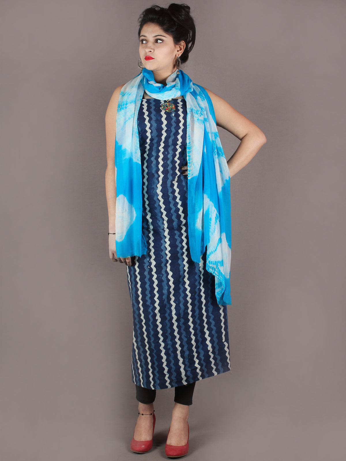 Indigo White Hand Block Printed Cotton Suit-Salwar Fabric With Chiffon Dupatta - S1628140