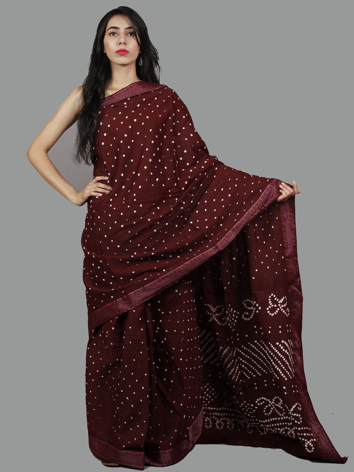 Dark Brown Hand Tie & Dye Bandhej Glace Cotton Saree With Resham Border - S031701400