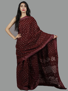 Dark Brown Hand Tie & Dye Bandhej Glace Cotton Saree With Resham Border - S031701400