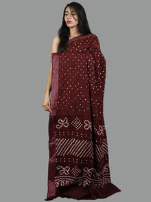 Dark Brown Hand Tie & Dye Bandhej Glace Cotton Saree With Resham Border - S031701400