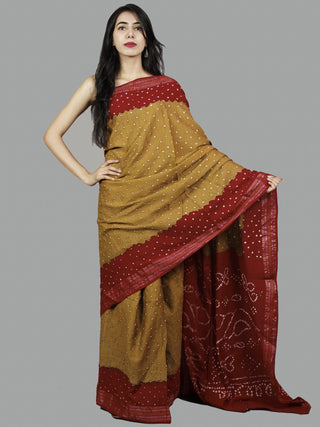 Brown Maroon Ivory Hand Tie & Dye Bandhej Glace Cotton Saree With Resham Border - S031701401