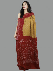 Brown Maroon Ivory Hand Tie & Dye Bandhej Glace Cotton Saree With Resham Border - S031701401