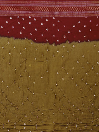 Brown Maroon Ivory Hand Tie & Dye Bandhej Glace Cotton Saree With Resham Border - S031701401