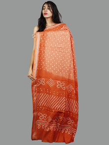 Pastel Peach Ivory Hand Tie & Dye Bandhej Glace Cotton Saree With Resham Border - S031701402