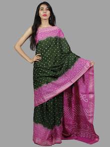 Seaweed Green Pink Ivory Hand Tie & Dye Bandhej Glace Cotton Saree With Resham Border - S031701403