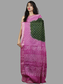 Seaweed Green Pink Ivory Hand Tie & Dye Bandhej Glace Cotton Saree With Resham Border - S031701403
