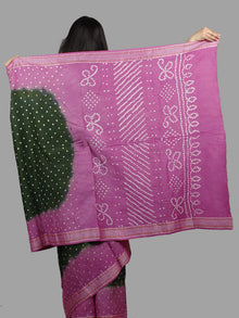 Seaweed Green Pink Ivory Hand Tie & Dye Bandhej Glace Cotton Saree With Resham Border - S031701403
