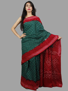 Peacock Green Red Ivory Hand Tie & Dye Bandhej Glace Cotton Saree With Resham Border - S031701404
