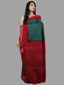 Peacock Green Red Ivory Hand Tie & Dye Bandhej Glace Cotton Saree With Resham Border - S031701404