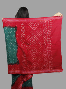 Peacock Green Red Ivory Hand Tie & Dye Bandhej Glace Cotton Saree With Resham Border - S031701404