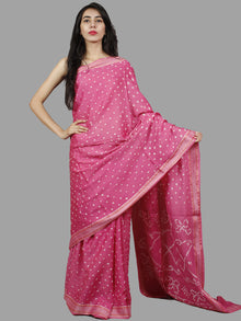Pastel Pink Ivory Hand Tie & Dye Bandhej Glace Cotton Saree With Resham Border - S031701405