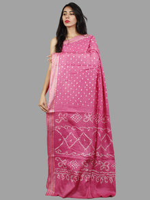 Pastel Pink Ivory Hand Tie & Dye Bandhej Glace Cotton Saree With Resham Border - S031701405