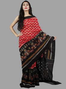 Red Black Grey Ikat Handwoven Pochampally Mercerized Cotton Saree - S031701406