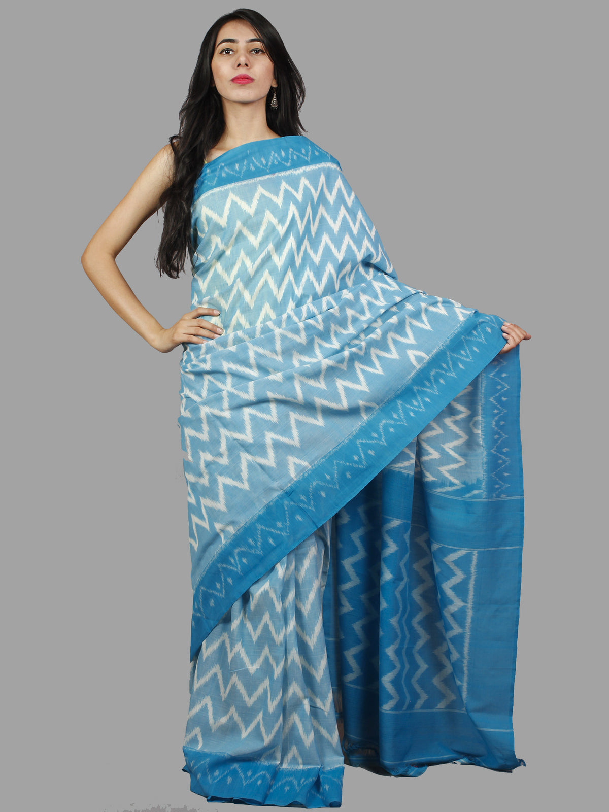 Sky Blue White Ikat Handwoven Pochampally Mercerized Cotton Saree - S031701407