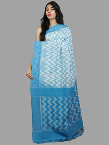 Sky Blue White Ikat Handwoven Pochampally Mercerized Cotton Saree - S031701407
