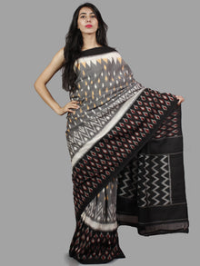 Black Grey Ivory Ikat Handwoven Pochampally Mercerized Cotton Saree - S031701408