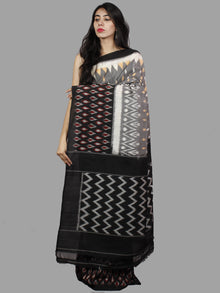 Black Grey Ivory Ikat Handwoven Pochampally Mercerized Cotton Saree - S031701408