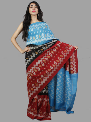Sky Blue Black Red Ikat Handwoven Pochampally Mercerized Cotton Saree - S031701409